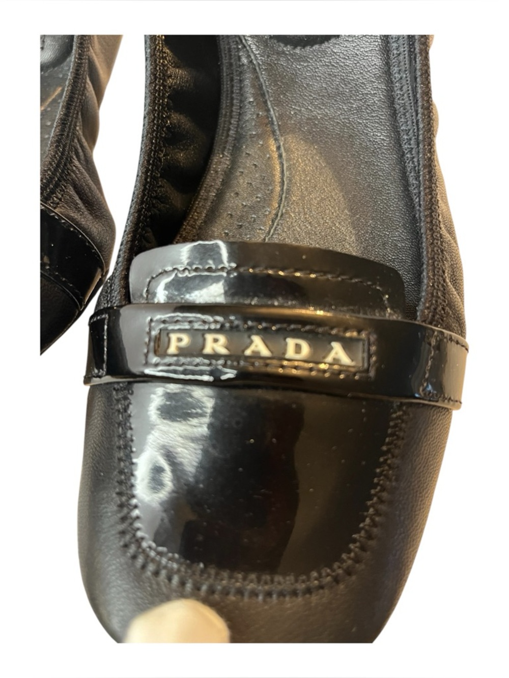 Prada Black Patent Leather Ballet Flats Womens Size 36.5 EU 6.5 US Logo Slip on - Picture 6 of 12